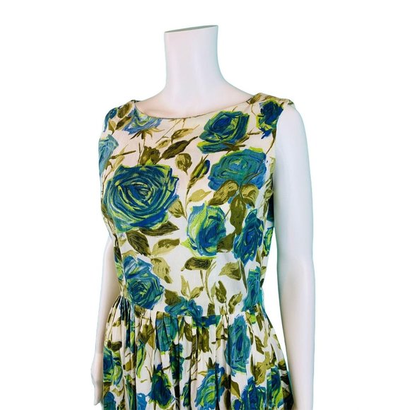 Vintage 1960s Floral Dress Blue Green Rose Print Sundress | W 30" - Picture 5 of 10